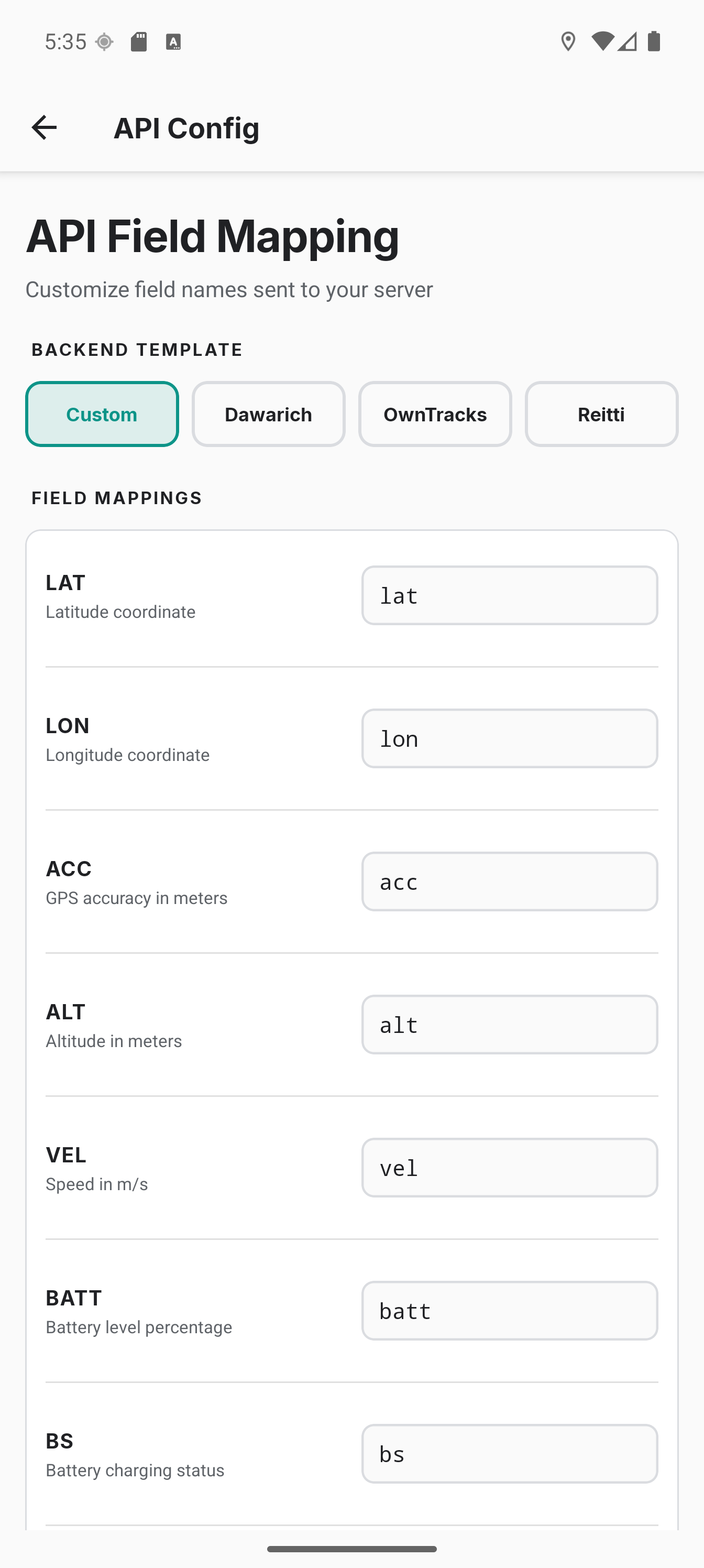 API Field Mapping