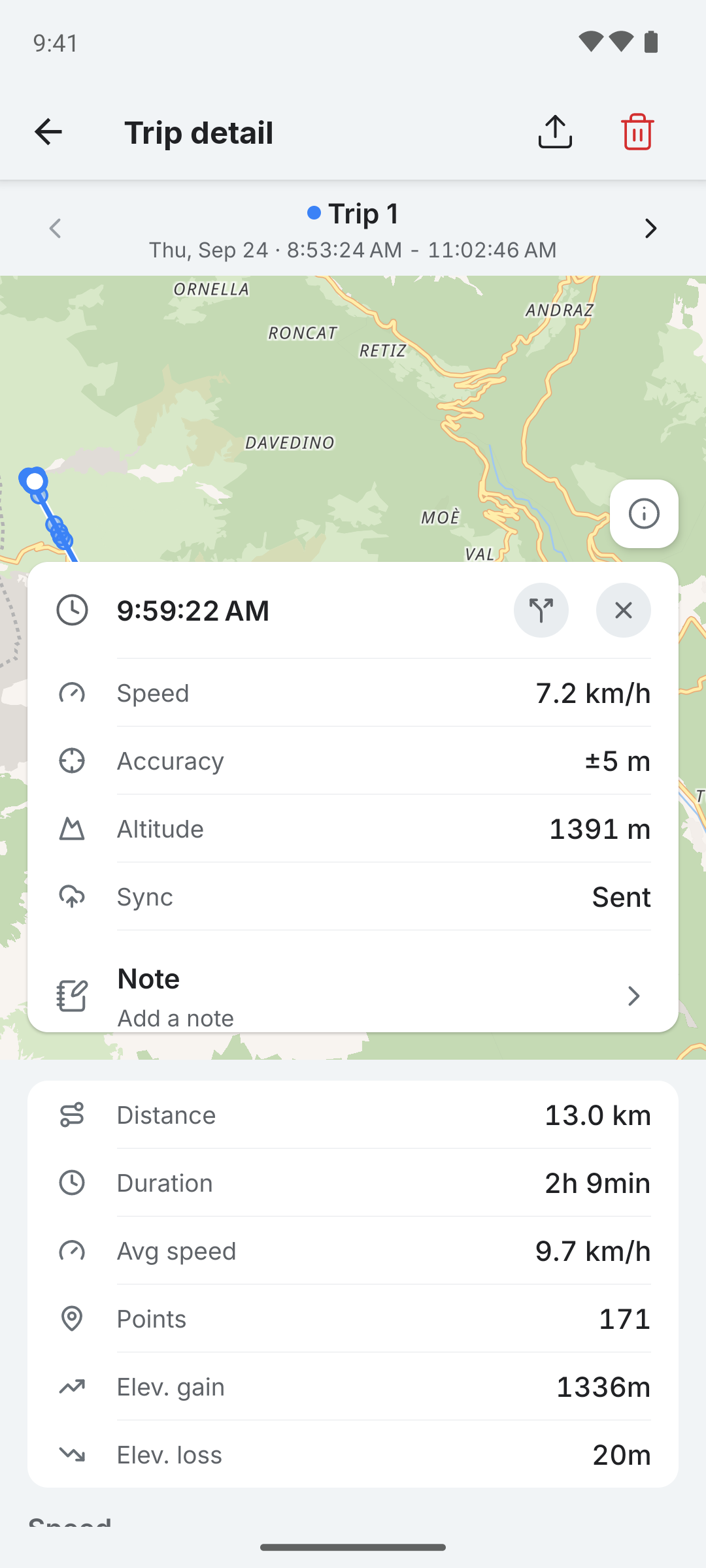 Point selected on Trip detail